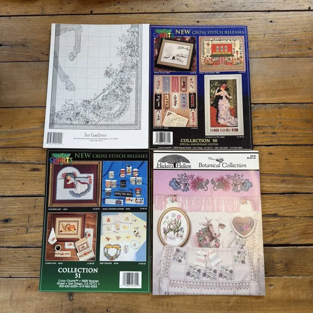 Vtg Cross Stitch Pattern Lot Victorian Lady Renoir Carousel Horse Botanical